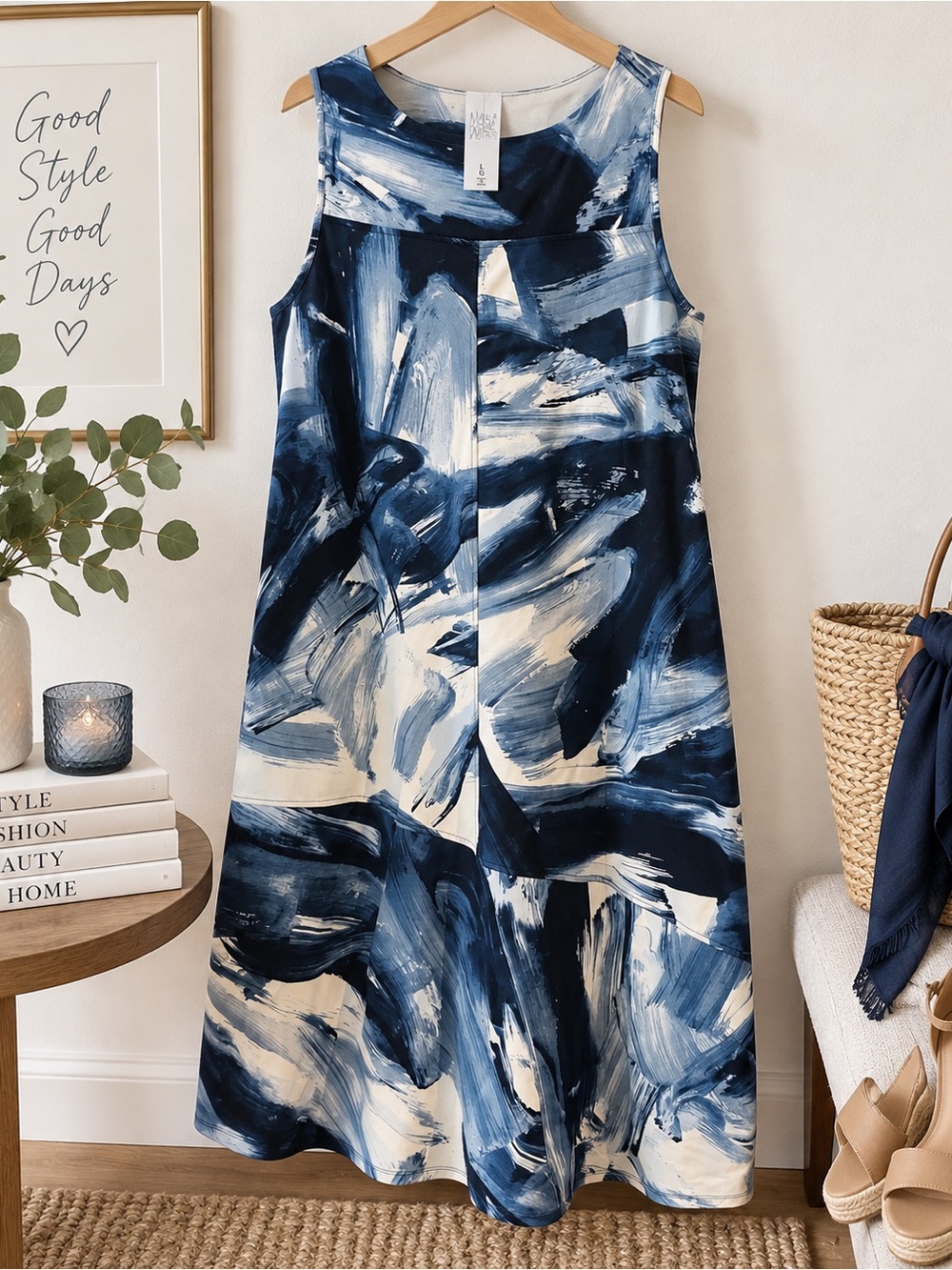 MarlaWynne Blue Abstract Brushstroke Sleeveless Dress Size Large